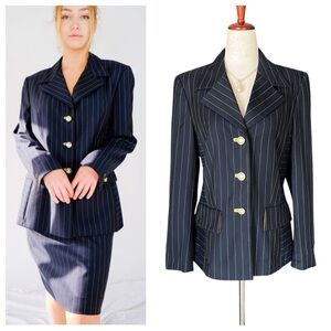 Vintage 90s ESCADA Black & Yellow Pinstripe Blazer w/ Iridescent Glass Buttons